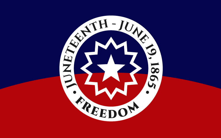 Juneteenth flag with text that reads 